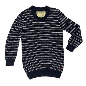 JACK WILLS Navy Blue & White Striped Knit Crewneck Sweater